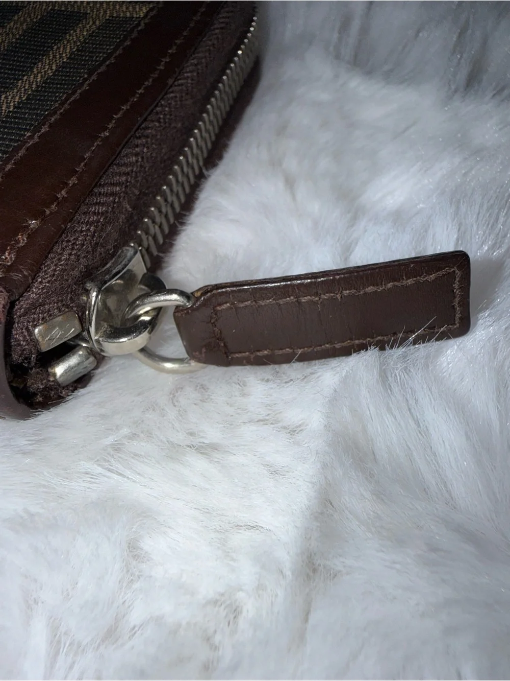 Fendi Monogram Canvas and Leather Zip Wallet in Dark Brown with Silver Hardware